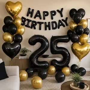 Black & Gold Birthday Balloon Decorations Set, Happy Birthday Foil Banner, Black, Gold & White Latex Balloons, Gold & Black Heart Foil Balloons, Optional Number Balloons, Birthday Party Decor for Bedroom Surprise and Backdrop