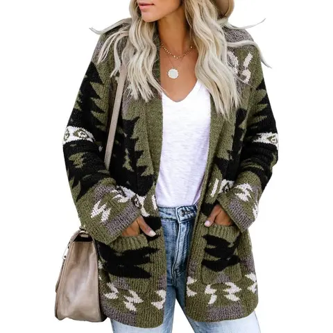 Saodimallsu Women Boho Cardigan Aztec Open Front Loose Slouchy Sweaters Tribal Long Sleeve Knitted Christmas Jacket Coat Chic Casual