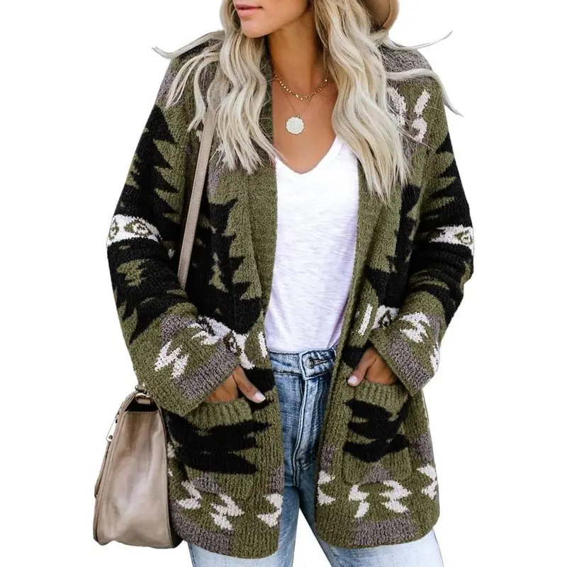 Saodimallsu Women Boho Cardigan Aztec Open Front Loose Slouchy Sweaters Tribal Long Sleeve Knitted Christmas Jacket Coat Chic Casual