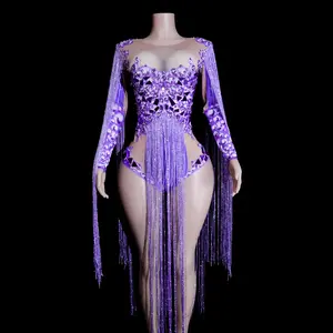 Women's Fitted Purple Rhinestone Mirror Fringe Long-Sleeve Cotton Latin Dance Bodysuit - Elegant Sparkly Sequin Party Outfit for Ballroom Stage Performances