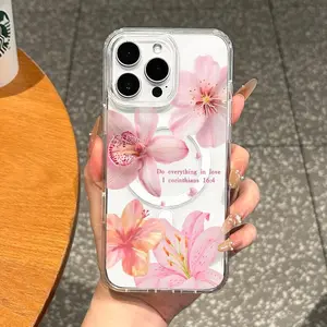 Girly Magnetic Smartphone Casing, Slim Fit Drop-Proof Cellphone Accessory for iPhone 11/12/13/14/15/16/17 Pro Max, Pink Lily Design, Perfect for Handheld Soft Girl Aesthetic