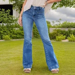 High-waisted light blue washed jeans with a slight flare, American vintage style, large patch pocket, wide-leg hem, slimming leg-lengthening effect, suitable for everyday commuting wear for women in the United States., Pants, Flared