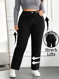 Plus Size High Waist Stretch Straight Leg Jeans, Slimming Fit Cigarette Pants, Daily Commute Versatile, Tummy Control Butt Lift Conceal Fat Not Tight, Stretchy