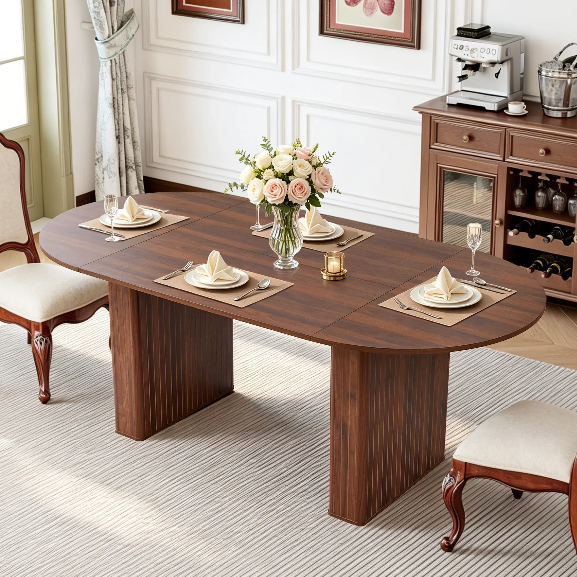 Giratree 78.7" Oval Dining Table for 6-8 People, Large Kitchen Dining Table with Fluted Pedestal Base, Modern Minimalist Dining Room Table with 3-Piece Tabletop, Walnut
