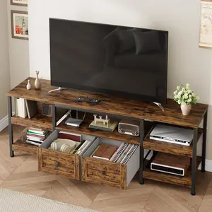 63" Rustic Brown Modern-Industrial TV Stand with Metal Frame & 2 Fabric Drawers - Entertainment Center for TVs Up to 65", Open Shelves Storage, Farmhouse & Contemporary Media Console Apartment Furniture Living Room