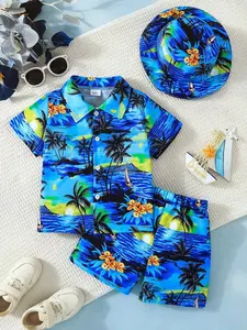 3 Piece Boys' Hawaiian Style Set, Short Sleeve Shirt, Shorts, Hat, Coconut Tree Print, Breathable, Summer Beach Vacation Wear