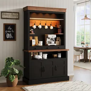 72" Tall Farmhouse Coffee Bar Cabinet with LED Lights, Sideboard Buffet Cabinet with Doors, Drawer & Adjustable Glass Shelves, Large Storage Home Bar Table for Living Room Dining Room, Walnut & Black