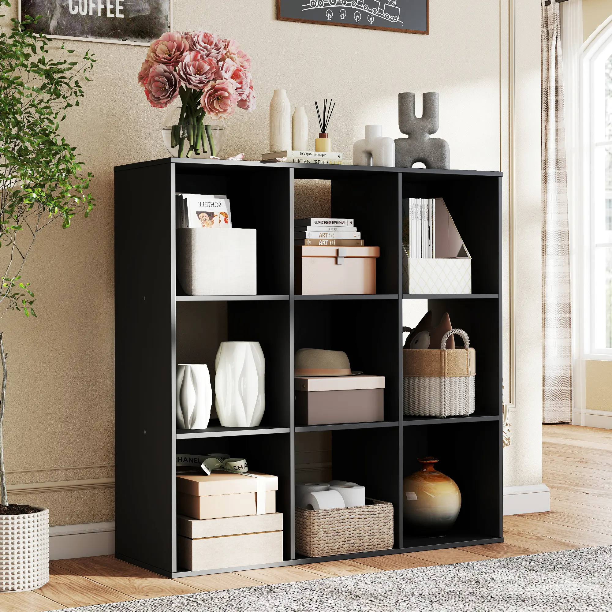 Sweetcrispy Minimalist Cube Storage Rack - Black Thick Wood Bookshelf with Customizable Back Panels, Waterproof Surface, Scratch-Resistant Top, DIY Setup for Living Room, Minimalist Bedroom, Entryway Indoor Furniture