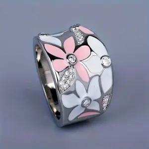 Chic and Lovely Pink Flower Wide Ring Causal Bohemian Style Band Daily Fashion Clothing Accessory Ring