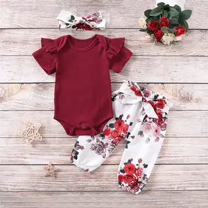 Newborn Baby Girls Clothes Ribbed Ruffled Romper+Floral Pants+Headband Infant Outfit Set