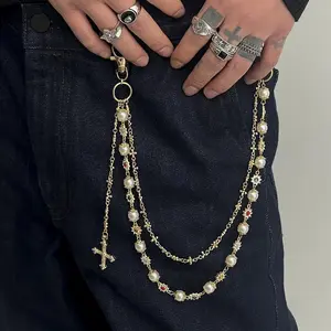 Men's Vintage Tassel Pendant with Colorful Gemstones and Imitation Pearl - Golden-Tone Body Chain for Casual Streetwear Style, Perfect for Everyday or Party Wear Maximalist Jewelry