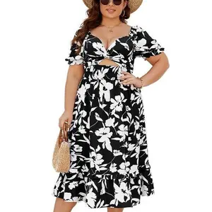 MNLYBABY Women Plus Size Boho V-Neck Dress with Floral Wrap Skirt, Deep V Neck, Midi Length, Puff Short Sleeves, Casual Summer Wear - Comfort Black Flowy