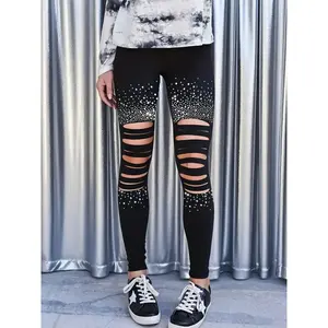 Women’s rhinestone-decorated high-waisted leggings featuring a fashionable, casual ruched design—suitable for everyday outdoor wear; women’s underwear/garment for spring and autumn.