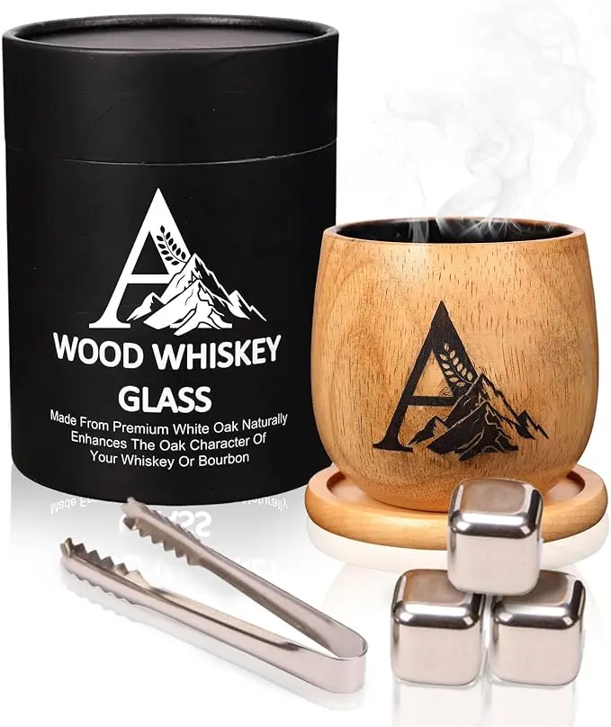 Gifts For Men – Personalized Wooden Whiskey Glass Set, 11oz Charred Oak Bourbon Glass with Coaster & Whiskey Stones, Unique Father’s Day, Anniversary & Birthday Gift for Dad, Husband