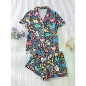 Women's 2-Piece Pajama Set - Cute Animal Print Short Sleeve Top & Comfy Loose Shorts for Sweet Home Wear