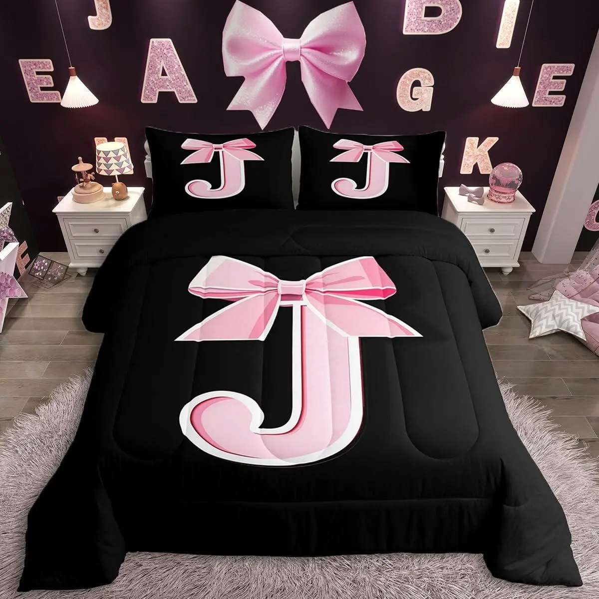Black Pink Bow Comforter Set Monogrammed Bedding Set Ultra Soft Personalized Initial J Duvet Quilt Modern Fashion Duvet Set Room Decor Bowknot Quilt Set
