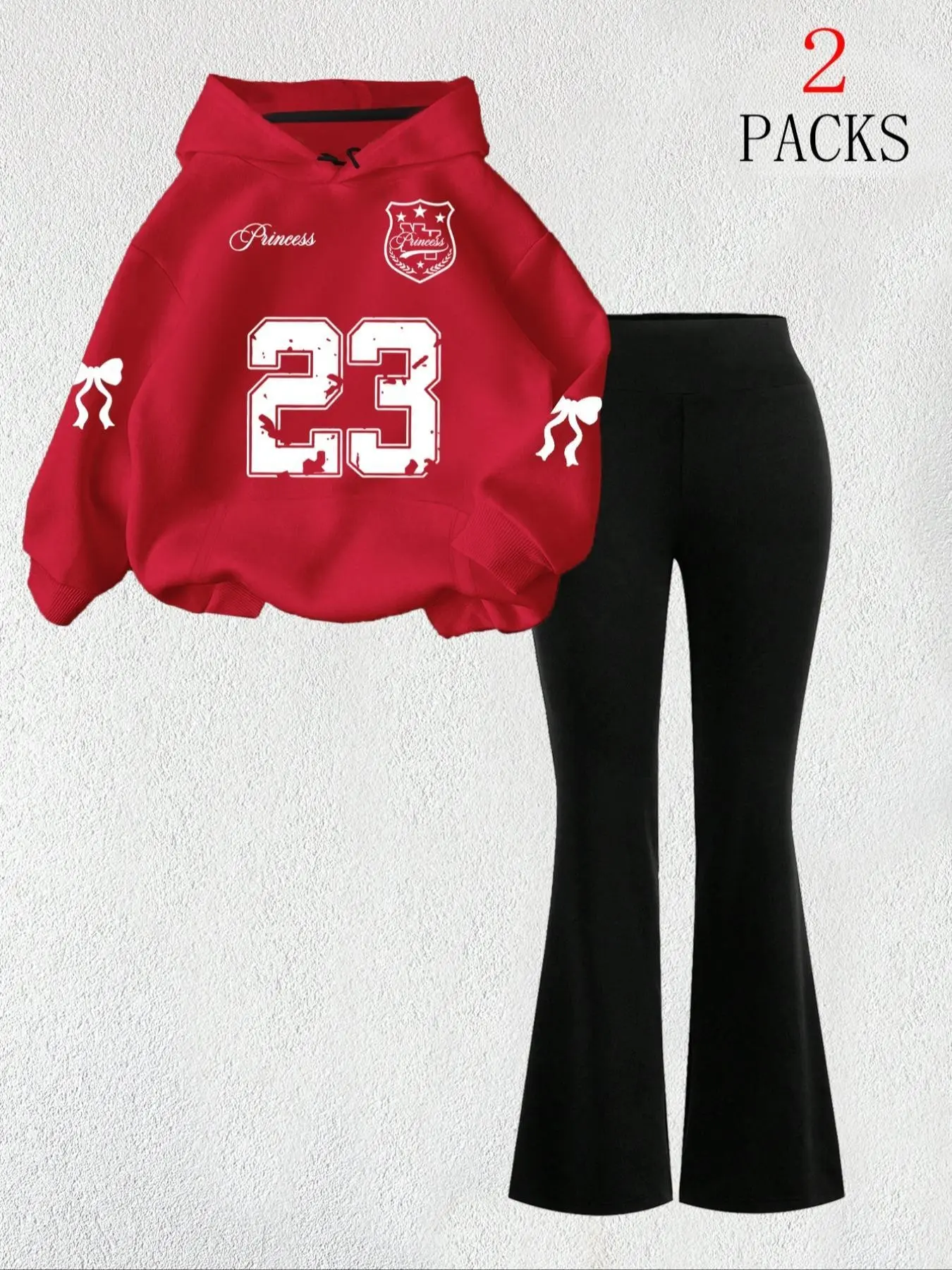 Women's Oversized Long-Sleeve Hooded Loungewear, Soft Fleece Top & High-Waisted Flare Leggings, Featuring Number 23, Bow & Princess Graphic, Casual Sporty Matching Set for Lounging & Streetwear, Available in Black/Red/Grey, Womenswear, Flared Pants Set