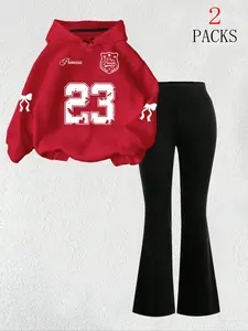 Women's Oversized Long-Sleeve Hooded Loungewear, Soft Fleece Top & High-Waisted Flare Leggings, Featuring Number 23, Bow & Princess Graphic, Casual Sporty Matching Set for Lounging & Streetwear, Available in Black/Red/Grey, Womenswear