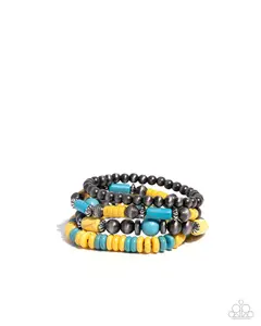 Adorably Abundant - Yellow and Turquoise Stone Silver Navajo Pearl Bead Stretchy Bracelet Stack - Paparazzi
