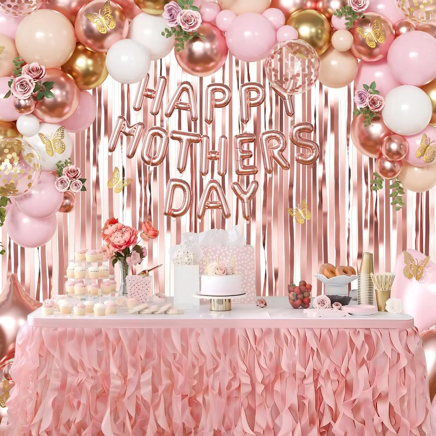Mother’s Day Decorations Set – Rose Gold Pink Peach Confetti Balloons, Gold Butterfly & Fringe Curtain Backdrop for Mom Party Decor
