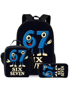 The three piece set of digital 67 cartoon printed School Backpack includes lunch bag and pencil case