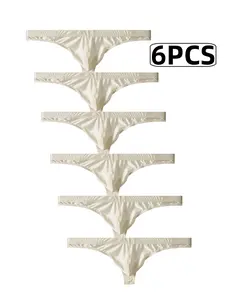 6-Pair Slim-Fit Men's Underwear Thongs with Cool-Tech Satin: Sheen-Finish, Skin-Friendly, Soft & Airy, Simple Minimalist Solid Color Design for Discreet and Comfortable Support