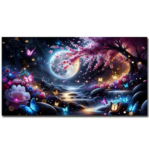 Diamond Painting Kits for Adults,Moon Scenery River Pink Flowers DIY 5D Diamond Art Kits for Adults Beginners Full Round Diamond Crystal Craft Kits for Home Wall Art Decor Gifts