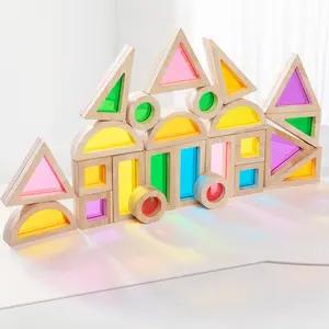 Stem Montessori Light & Color Building Blocks Set, Transparent Acrylic Geometric Shapes Puzzle, Sensory Training Toy for Kids
