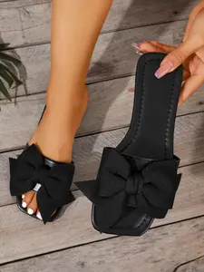 Women's Toe-Open Flat Sandals with Rhinestone Bow, Fashionable Breathable Comfort Summer Slippers, Casual Shoes for Outdoor and Beach Days, Classy Sandals