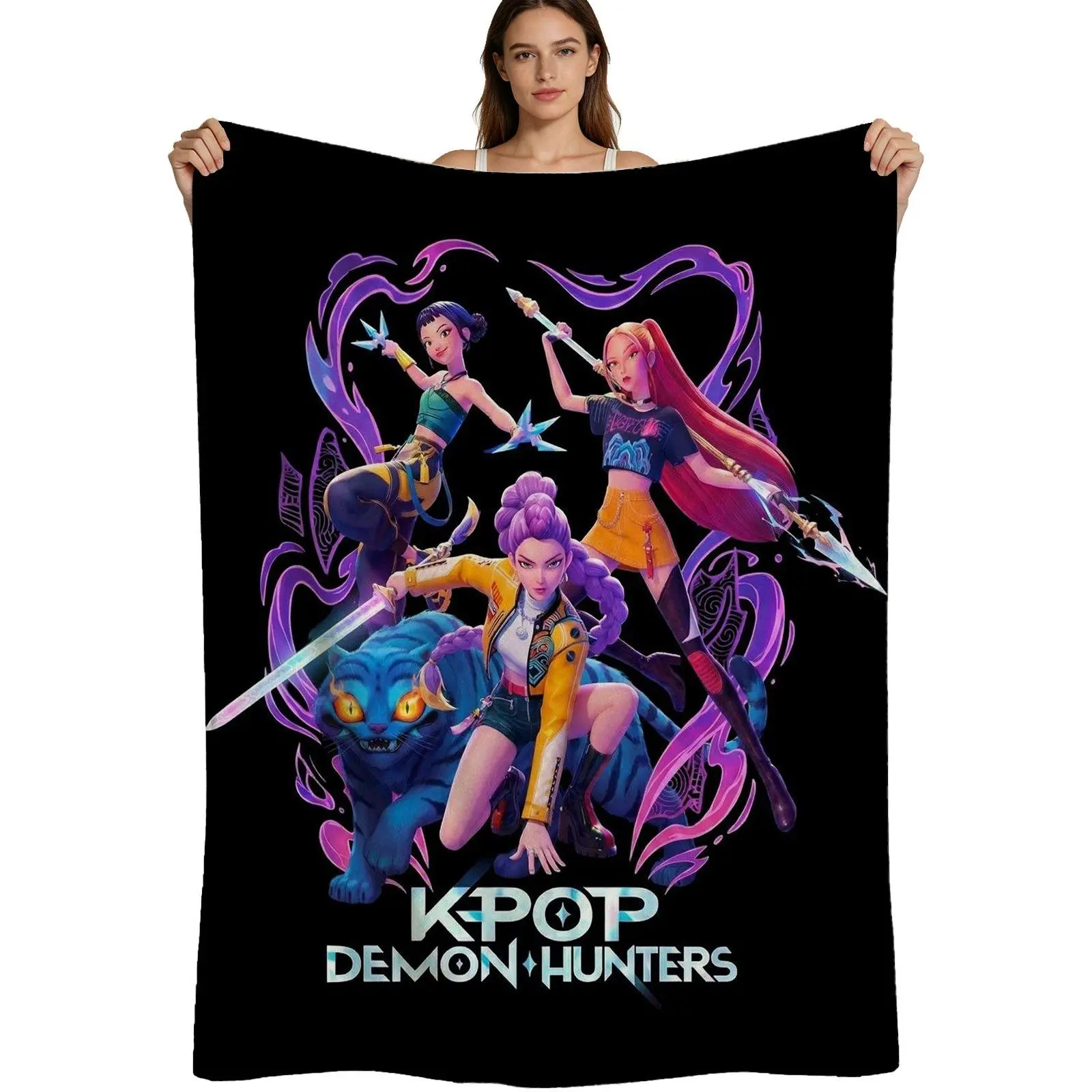 Kpop Demon Hunters, Warm Flannel Blanket, Anime Girl Warriors And Blue Panther Pattern, Soft Fleece Fabric With Vibrant Digital Print, For Teens And Fans Of Action Animation, 4 Sizes Available Single Pack