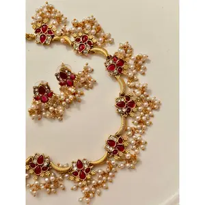 Lotus Kundan Stone And Pearls Choker Necklace Set