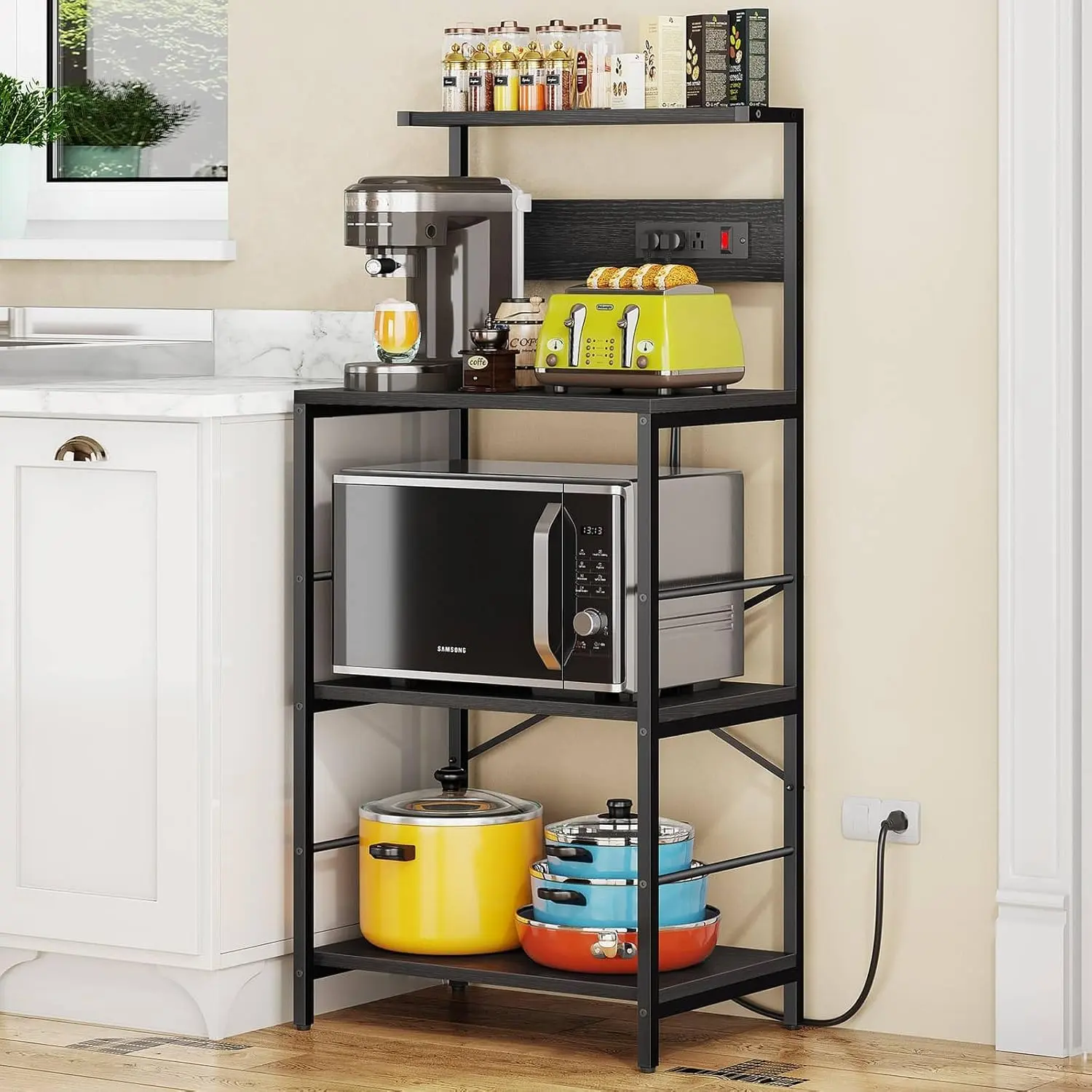 Kitchen Baker Rack with Power Outlets 4-Tier Microwave Stand with Storage Coffee Bar Station for Small Kitchen Bookshelf Rack