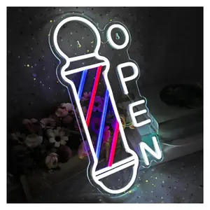 Sign Illuminated Barber Shop Open Neon Sign Hairdressing Salon Light For Barber Shop Adjustable Brightness USB Powered 20cm×42cm