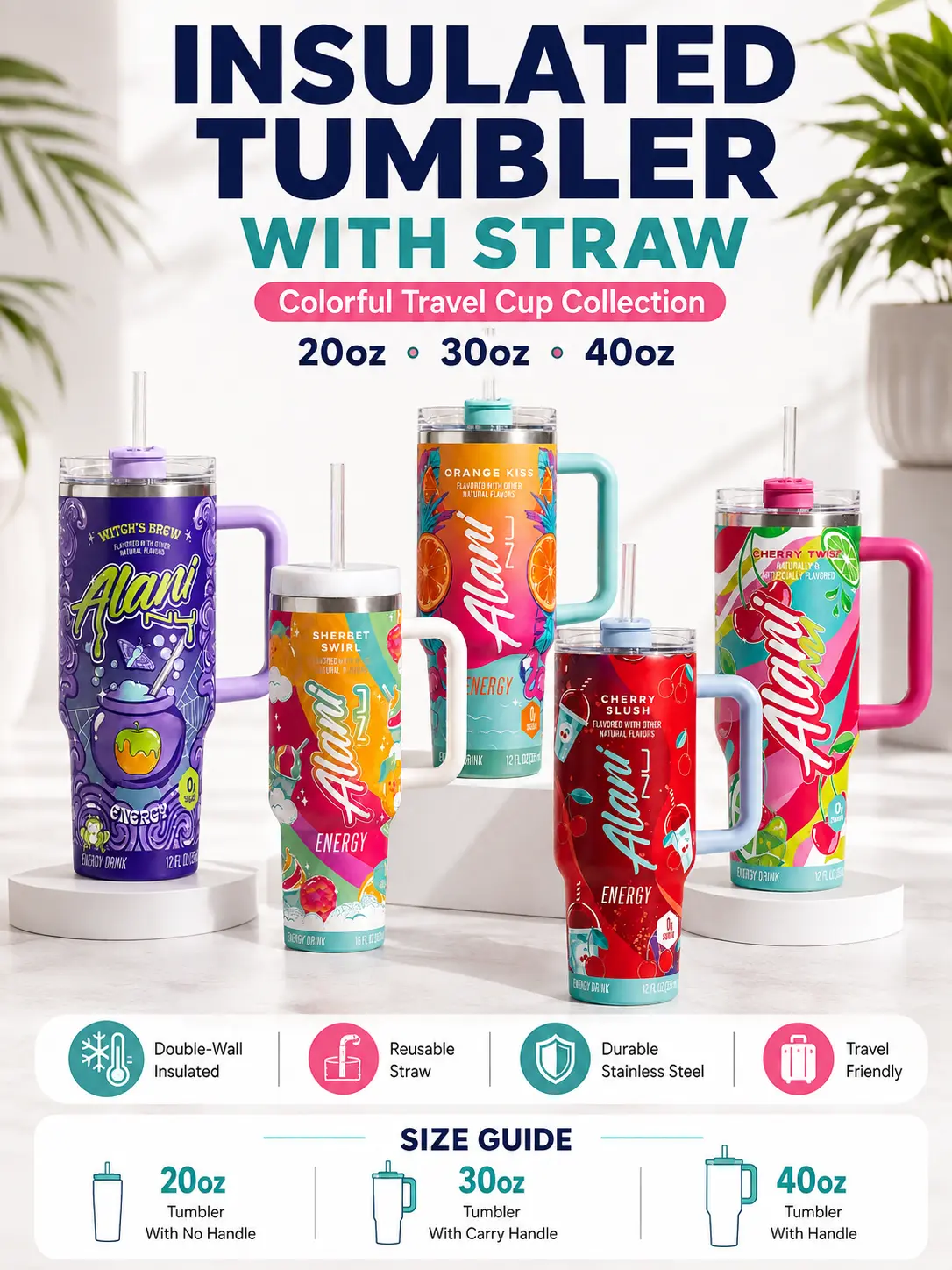 40oz,30oz Insulated Stainless Steel Tumbler with Carry Handle, Leak-Resistant Lid, Reusable Travel Cup for Hot & Cold Drinks