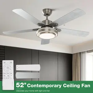 Ceiling Fan with lights and remote contorl,52-Inch,3 Color Dimmable LED Light,Reversible Silent DC Motor,multi-functional,6 Speeds,5 Wooden Blades Suitable For Bedroom, Living Room, Office, Kitchen, Dining Room, Balcony