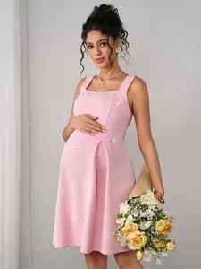 ROSY x Momance Maternity Solid Color Faux Pearl Detail Elegant Sleeveless Dress