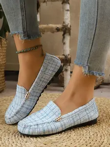 Spring Summer New Large Size Comfortable Soft Flat Fashion Round Toe Plaid Edge Bean Shoes, Small Charming Shallow Mouth Daily Commute Casual Vacation Shopping Choice Walking Shoes