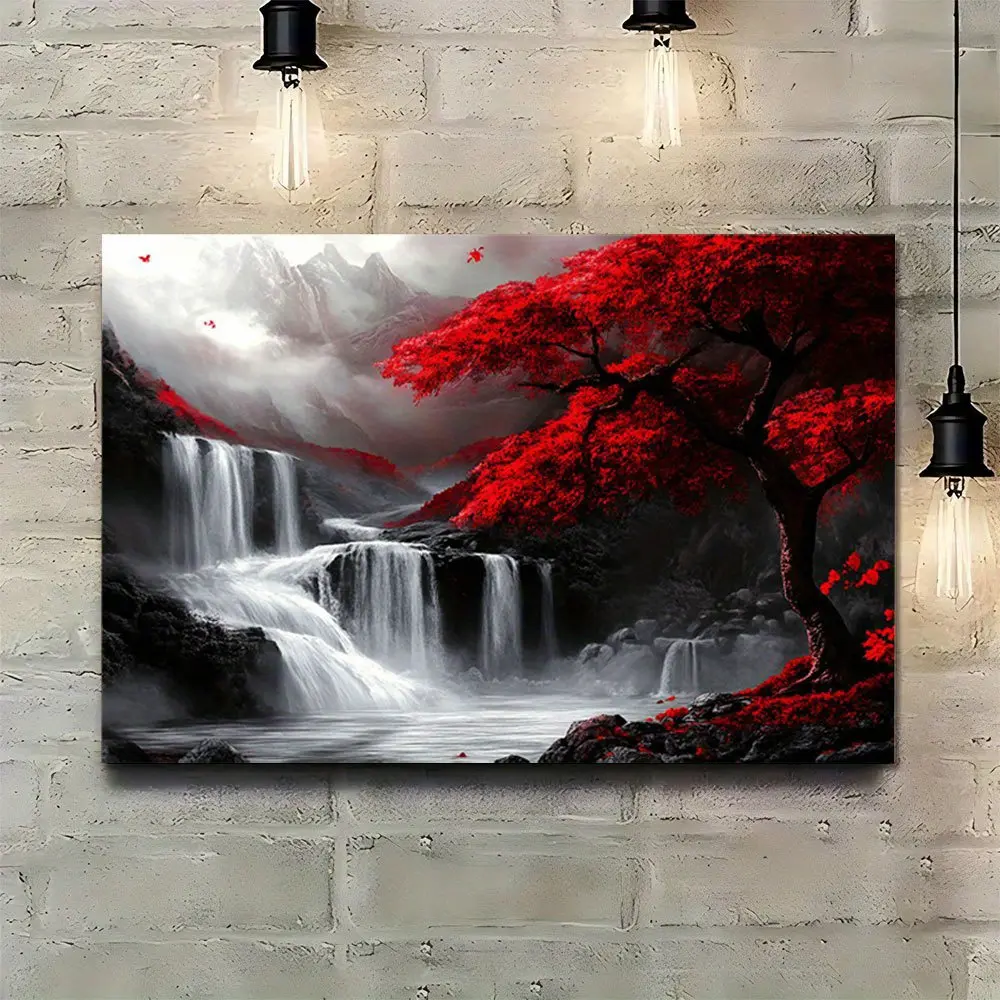 Mystical Fantasy Red Tree & Waterfall Framed Canvas Print Kit - 24"x36" Eco-Friendly Wooden Frame, Black-White-Red Color Scheme, Artistic Fade-Resistant Home Wall Decor for Living Room, Christmas Gift