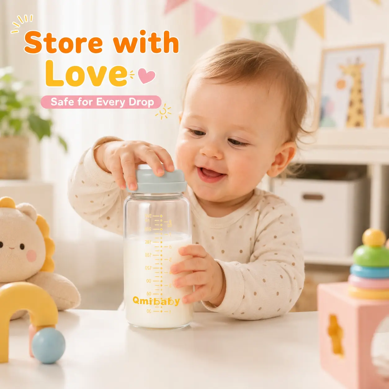 Leak-Proof Breastmilk Storage Bottles 8oz 240ml, BPA-Free Wide Neck Reusable Milk Containers with Screw Rings & Sealing Discs, Breastfeeding Essentials for Pumping Moms, Grey & Pink/