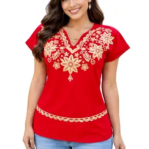 Blusa Dani - Women's Mexican Blouse Embroidered Floral V-Neck Short Sleeve Top with Scallop Hem Casual Summer Blouse Blusa Bordada Hecho en México