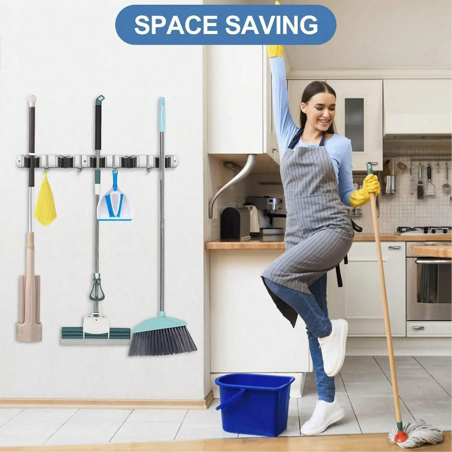 This multi-functional stainless steel wall-mounted mop holder features 5 storage compartments and 4 stainless steel hooks，Suitable for family kitchens, gardens, laundry, and garages
