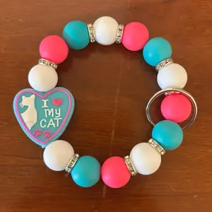 I Love My Cat Keychain - Teal & Pink Beads, Heart Shape, Keyring Attachment, Cute Cat Design