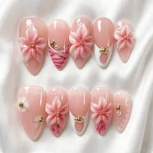 10pcs Press on Nails Almond Shape 3D Floral Nails False nails, Fake Nails Set, Acrylic Nails Pink Flowers with Gold Bead Accents French Tip Spring Summer Manicure Set Reusable False Nail Set Nail Art Removable Nails