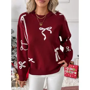 Autumn Winter Christmas Women Bow Jacquard Loose Long Sleeve Knitted Sweater, Y2k Cute Pullover Jumpers, Casual Holiday Tops