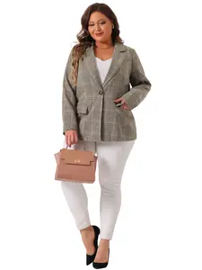 Agnes Orinda Women's Plus Size Plaid Notched Lapel Long Sleeve Business Casual Blazer Jackets