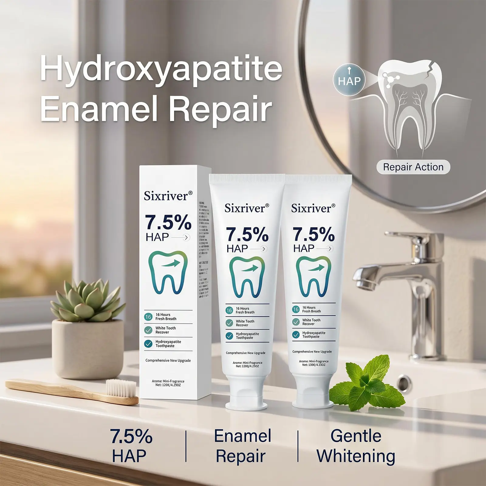 Hydroxyapatite Toothpaste 7.5% HAP, Fluoride Free Toothpaste for Enamel Repair & Natural Whitening, Gentle Mint Fresh Breath, Sensitive Teeth Daily Care