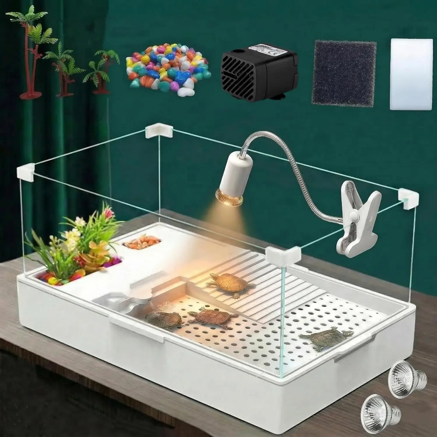 Small Turtle Starter Kit with Integrated Pump, Basking Light, Clear Acrylic -Layer Easy Cleaning Turtle Tank Aquarium for Small Reptiles