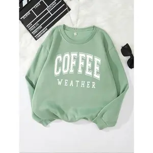 Women's"CoffeeWeather"LetterPrintCrewNeckSweatshirt,CasualLongSleevePulloverforFall&Winter,Women'sClothesforDailyWear