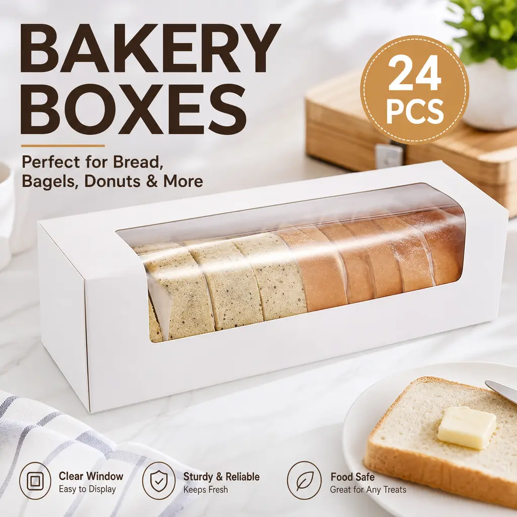 24 Pack 12”x4”x3.5” Roll Cake Boxes – White Bakery Boxes with Window, Auto-Popup Loaf & Pumpkin Roll Boxes – Perfect for Pastry, Swiss Roll, Yule Log