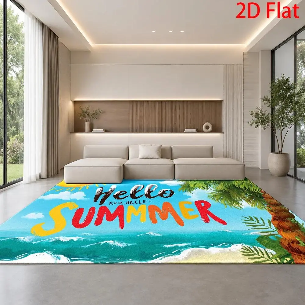2D Flat Tropical Paradise Rectangular Area Rug - Vibrant Beach Scene, Durable Machine-Washable Decorative Floor Mat with Tropical Vibe, Indoor/Outdoor Use, Ideal for Living Rooms & Living Room Decor